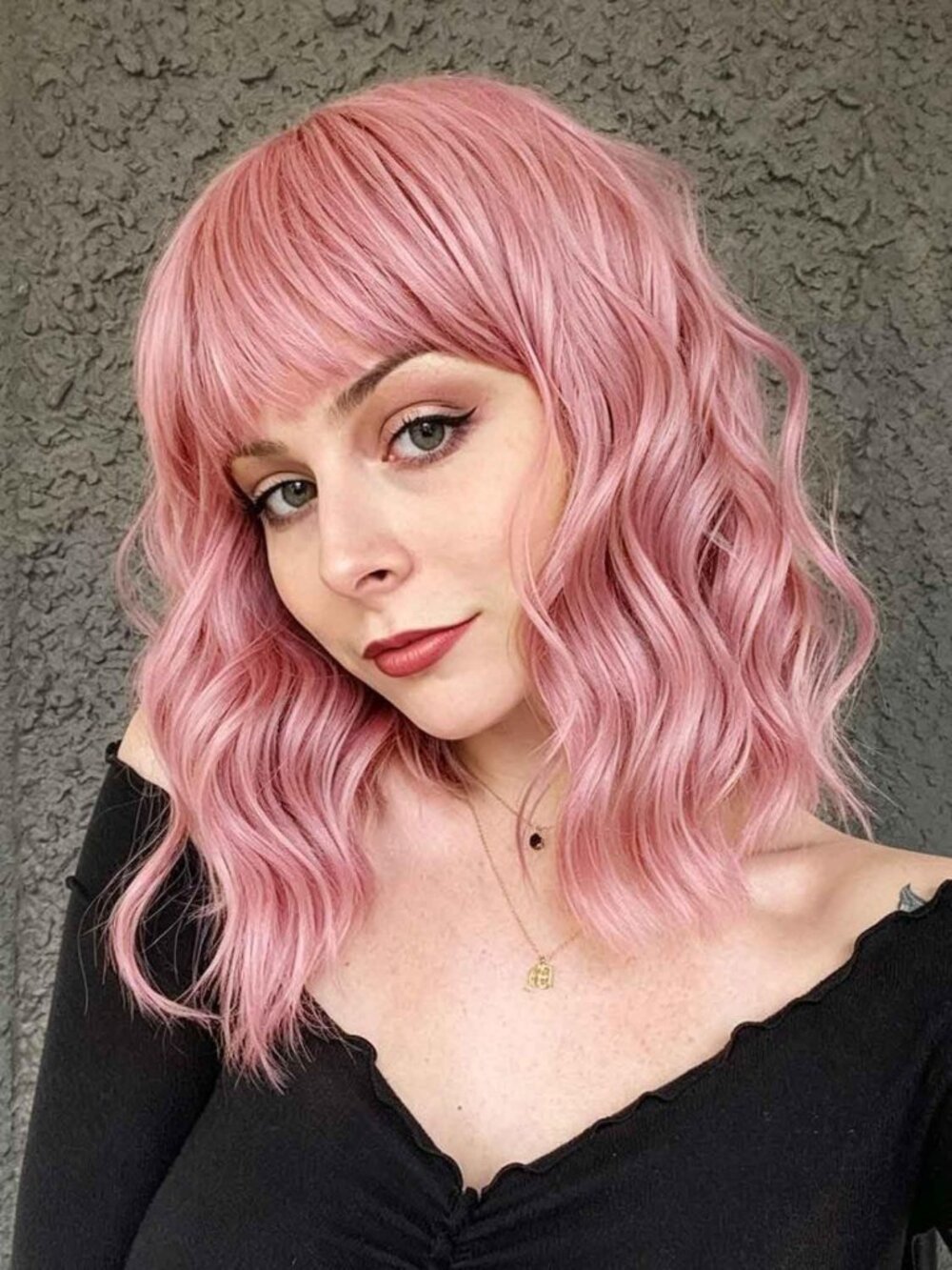 Short Pink Wig with Bangs | Wavy Curly Bob | 14-Inch Synthetic Hair for Women